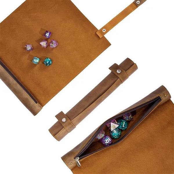 Leather Scroll Dice Bag & Roll-Up Dice Mat