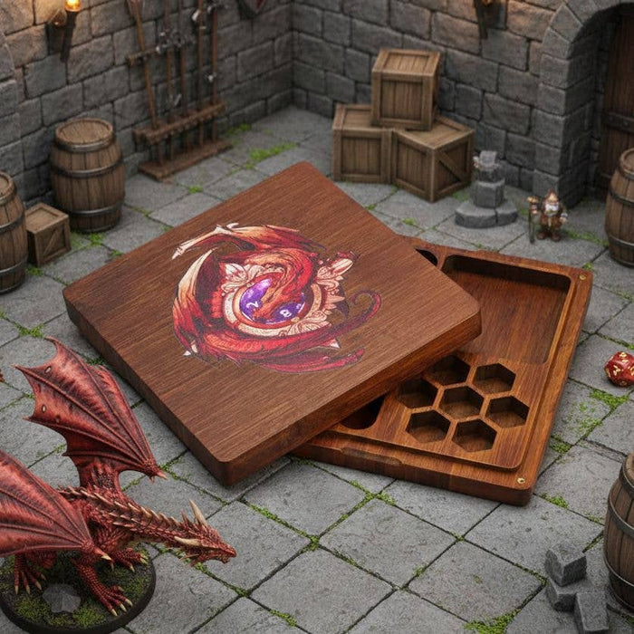Red Dragon Wood Dice Storage Vault & Tray