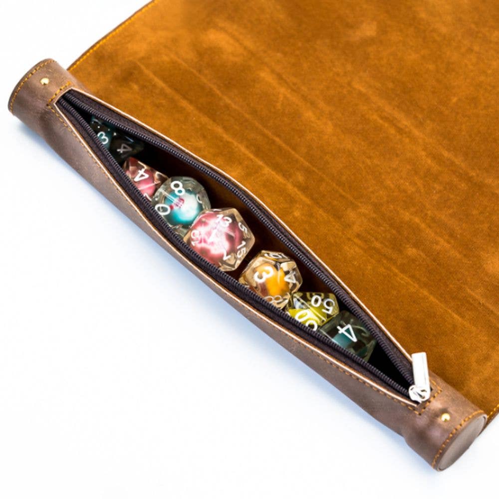 Leather Scroll Dice Bag & Roll-Up Dice Mat