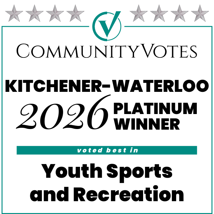 Award badge for Kitchener-Waterloo 2026 Platinum Winner in Youth Sports and Recreation, voted best in community votes.